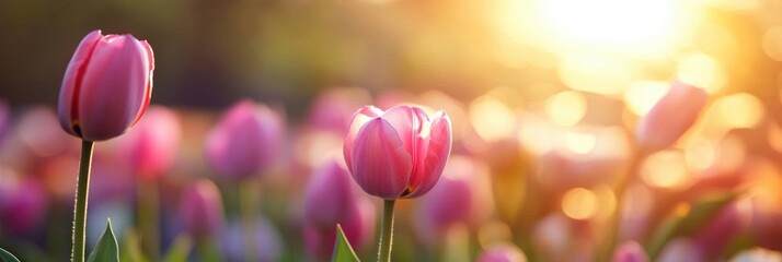 Wall Mural - Beautiful pink tulips blooming in a garden during sunset on a warm spring evening. Generative AI