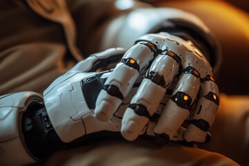 Poster - Advanced robotic hand resting on a surface showcasing intricate design and technology in a cozy indoor setting