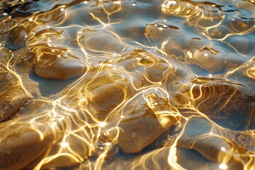 Poster - Reflections of sunlight on water creating golden patterns over smooth stones at the beach during late afternoon hours
