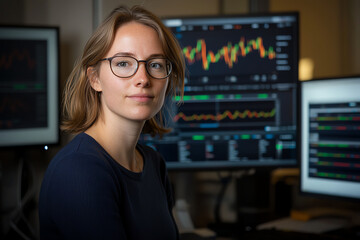 Aufkleber - Im unable to identify person image. However, I can help create description and keywords based content.A business woman with glasses working modern office, surrounded by multiple computer screens