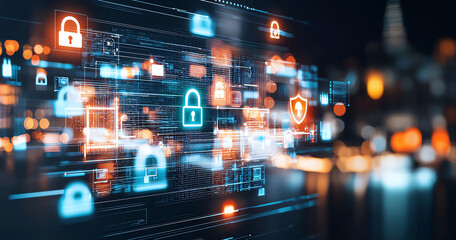 Poster - Abstract digital security symbols with glowing locks and shields, representing cybersecurity and data protection in modern, tech driven environment
