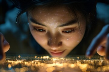 Poster - Woman exploring intricate patterns of light at close range during a creative nighttime activity