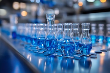 Leinwandbilder - Laboratory flasks containing blue chemical liquid on metal table