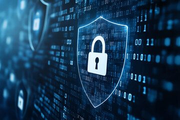 Poster - digital security shield icon on binary code background, representing cybersecurity and data protecti