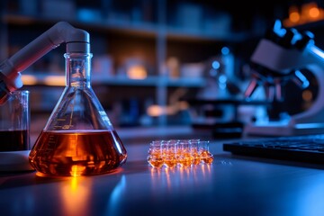 Leinwandbilder - chemical liquid being poured into erlenmeyer flask in laboratory setting