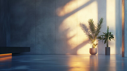 Poster - Modern minimal interior with abstract textured wall and sunlit plants
