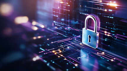 Aufkleber - Digital background featuring padlock and data streams, symbolizing security and protection in technology. vibrant colors and glowing elements create futuristic atmosphere