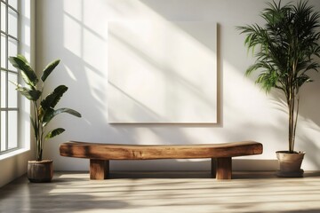 Poster - Sunlight illuminating empty frame with wooden bench and plants in modern room