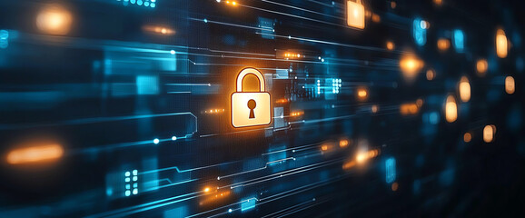 Aufkleber - Digital lock symbol representing cybersecurity and data protection in futuristic setting. image conveys sense of security and technology with glowing elements