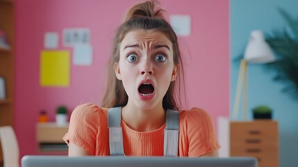 Wall Mural - Shocked young woman looking at laptop screen.