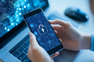 Poster - secure smartphone with lock icon displayed, symbolizing digital safety and privacy. background featu