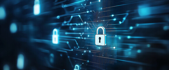 Poster - digital background featuring padlock icons and network connections, symbolizing cybersecurity and da