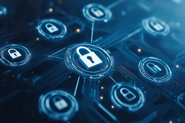 Poster - secure digital network with padlock icons representing cybersecurity. interconnected locks symbolize