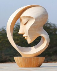 Poster - Elegant wooden sculpture depicting serenity outdoor gallery art installation natural setting side view expression of peace