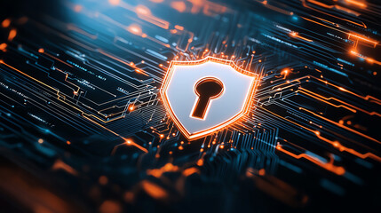 Poster - glowing shield with keyhole symbol represents digital security and protection. background features intricate circuit patterns, emphasizing technology and cybersecurity