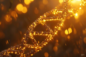 Poster - Dynamic representation of DNA structure illuminated by golden light in an artistic display of science and nature