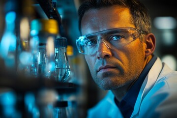Poster - Scientist conducting research in a laboratory with glassware and advanced equipment during evening hours