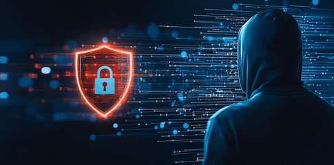 Poster - person in black hoodie stands against digital background, featuring glowing red shield with padlock symbol, representing cybersecurity and protection