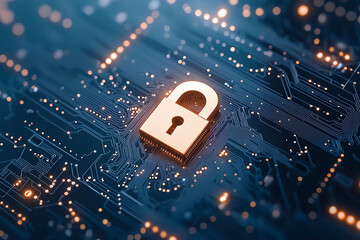 Poster - golden padlock symbol on blue circuit board background represents security and technology. intricate design highlights connection between digital safety and modern innovation