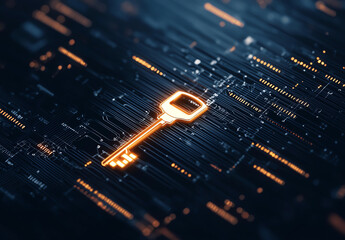 Aufkleber - glowing key symbolizing security and access amidst digital background filled with binary code and ci