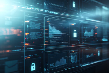 Poster - High tech security system with multiple screens displaying data and graphs. interface features lock symbols, emphasizing data protection and cybersecurity