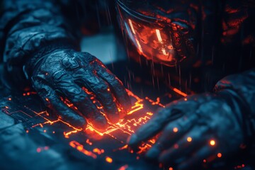 Poster - Futuristic astronaut interacts with glowing technology in a dark, rainy environment