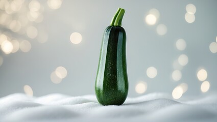 Poster - fresh green zucchini stands upright on soft white fabric with a blurred background of soft glowing l