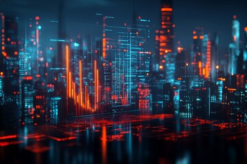 Poster - City skyline illuminated by futuristic data visuals reflecting a digital landscape at night