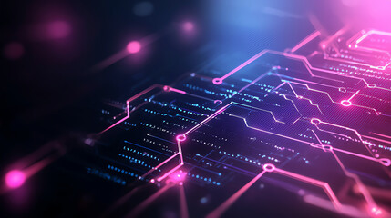 Poster - Abstract digital circuit board with glowing lines and nodes, showcasing technology and innovation in vibrant color scheme. image evokes sense of modernity and connectivity
