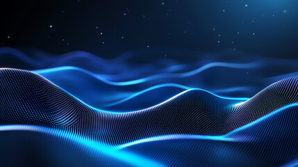 Poster - Abstract background with glowing blue waves and dots creating digital landscape. serene and futuristic design evokes sense of depth and movement