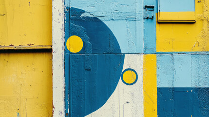 Poster - Abstract geometric pattern on blue and yellow painted wall for modern design inspiration