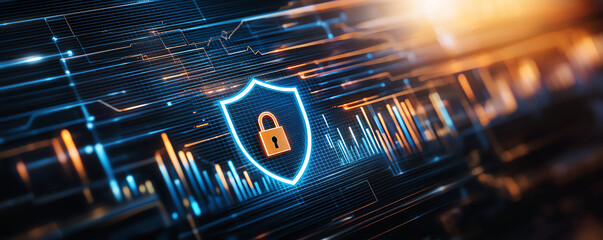 Poster - digital security graphics with shield and lock symbolizing protection