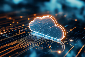 Poster - digital cloud with circuit board patterns, glowing in blue and orange tones, symbolizes technology and connectivity