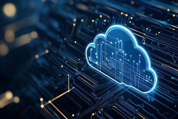 Poster - digital cloud with circuit board patterns, symbolizing technology and connectivity. glowing blue cloud represents data storage and modern computing