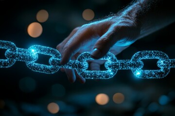 Poster - Hand reaching for glowing digital chain link in dark environment illustrating technological connections