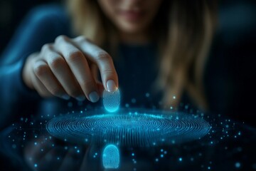 Poster - Woman interacting with holographic fingerprint technology in a dark, modern environment
