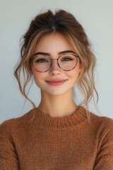 Wall Mural - Smiling young woman wearing stylish round glasses and brown sweater