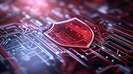 Poster - digital shield icon on circuit board, symbolizing cybersecurity and protection. vibrant red and blac