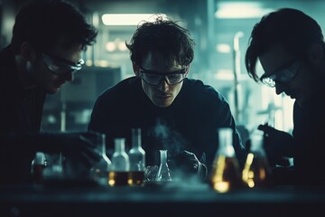 Poster - Scientists conduct experiments in a dark laboratory with glassware and vapor during late evening hours