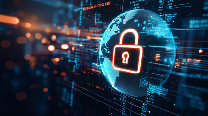Poster - digital globe with padlock symbol represents data security and protection. background features glowi