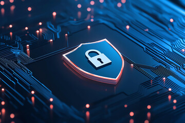 Poster - 3d rendering of computer security concept featuring shield with padlock symbol, surrounded by circui