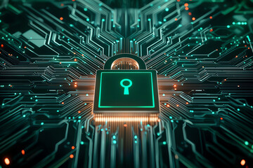 Aufkleber - digital padlock symbolizes cybersecurity, surrounded by intricate circuit patterns and glowing elements, representing data protection and technology