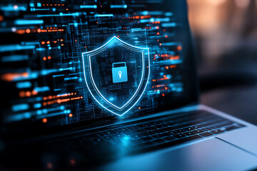 Poster - digital security shield displayed on laptop screen symbolizes cybersecurity and data protection. glo