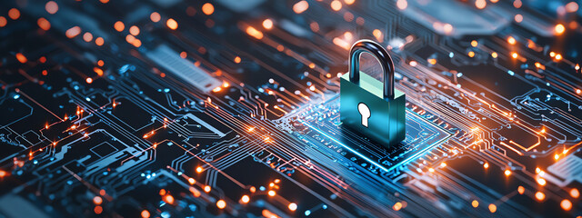 Aufkleber - 3D illustration of green lock on circuit board, symbolizing digital security and technology. vibrant colors and intricate details evoke sense of innovation and protection