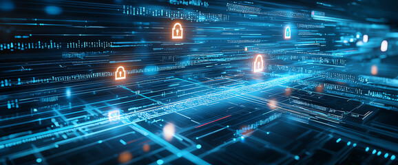 Poster - digital landscape featuring glowing locks and data streams, symbolizing cybersecurity and protection
