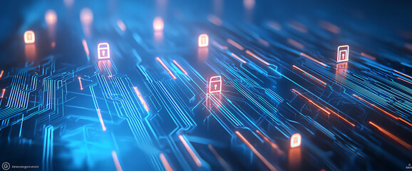 Aufkleber - Digital circuit board with glowing locks and connections, symbolizing cybersecurity and technology. vibrant blue and orange colors create futuristic atmosphere