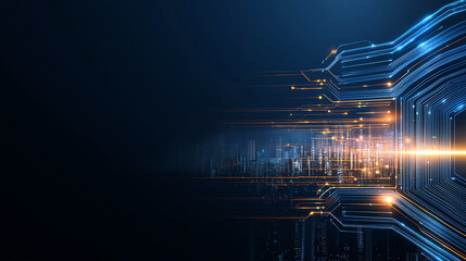 Poster - futuristic blue circuit board with glowing lines and lights, representing technology and innovation. design conveys sense of speed and advancement in digital landscapes