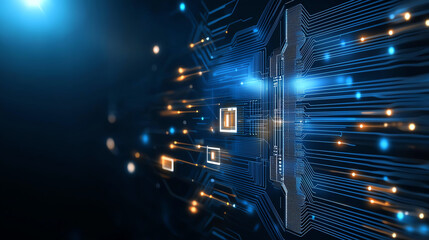 Poster - vibrant blue circuit board with glowing lights and intricate patterns, showcasing technology and innovation. image evokes sense of advanced digital connectivity and modern design