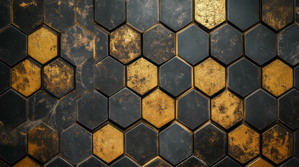 Poster - Elegant hexagon pattern on brown and black tiled wall for interior design and decoration