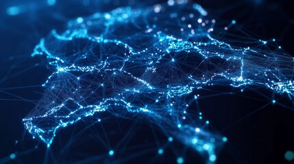 Poster - This abstract network map illustrates a web of connections across Saudi Arabia, showcasing digital pathways, nodes, and illuminated lines that represent information flow and communication.